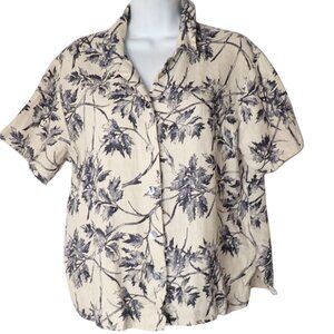 Vintage CLIO Linen‎ Top Women PL Cream Black Floral Boxy USA Short Sleeve